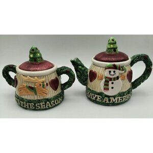Fitz & Floyd Omnibus 1996 Christmas Season Ceramic Teapot & Sugar Set With Tree